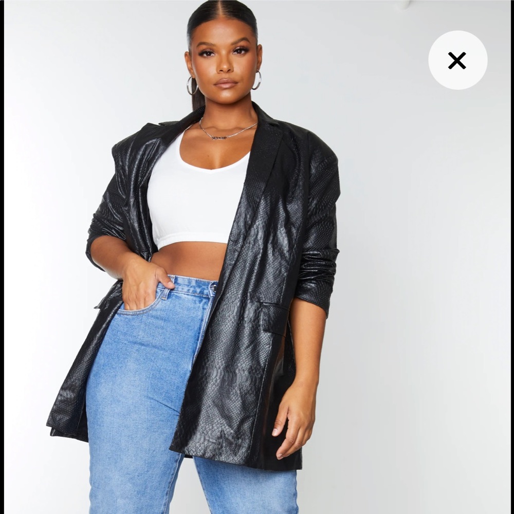 PrettyLittleThing Black Faux Leather Croc Oversized Dad Blazer